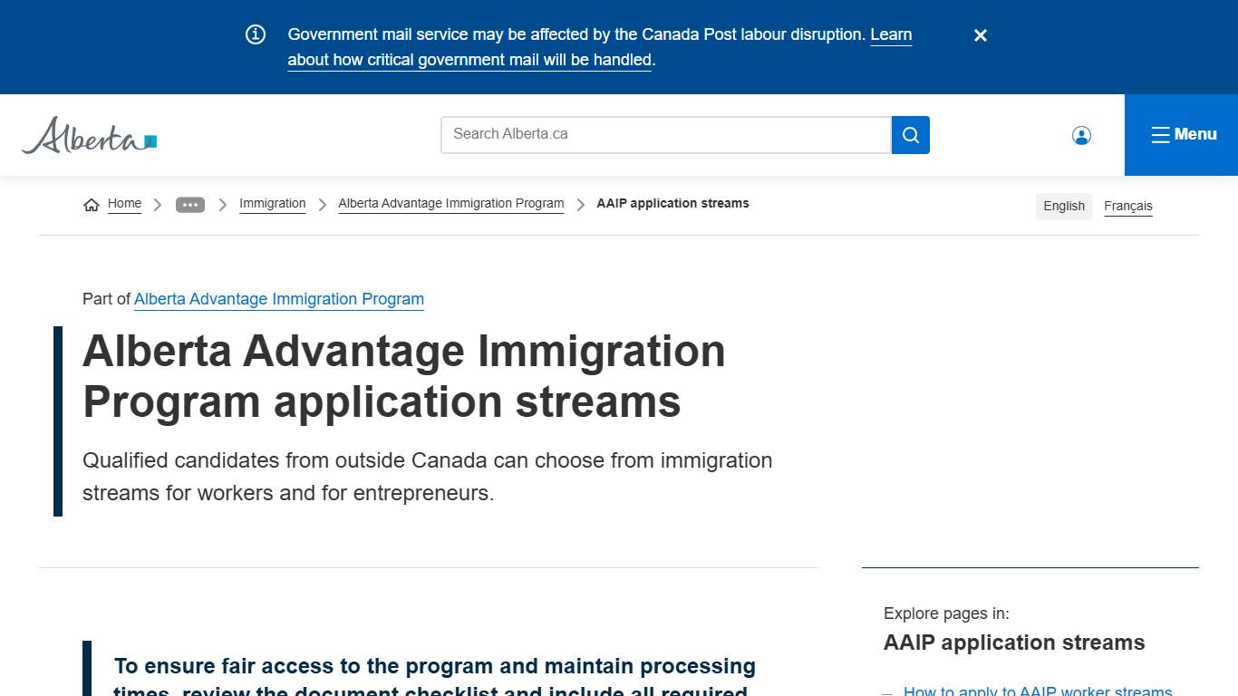 Alberta Advantage Immigration Program application streams Alberta.ca